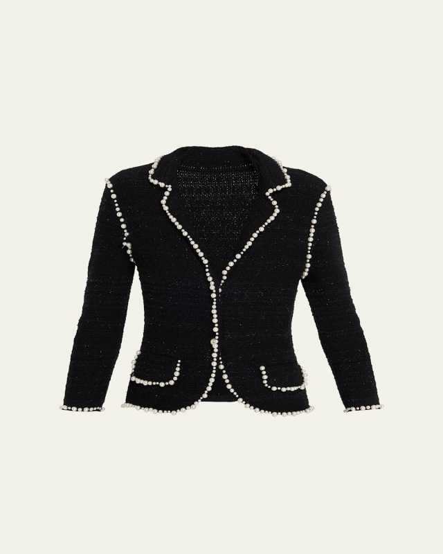 Bead-Trim Metallic Tweed Blazer